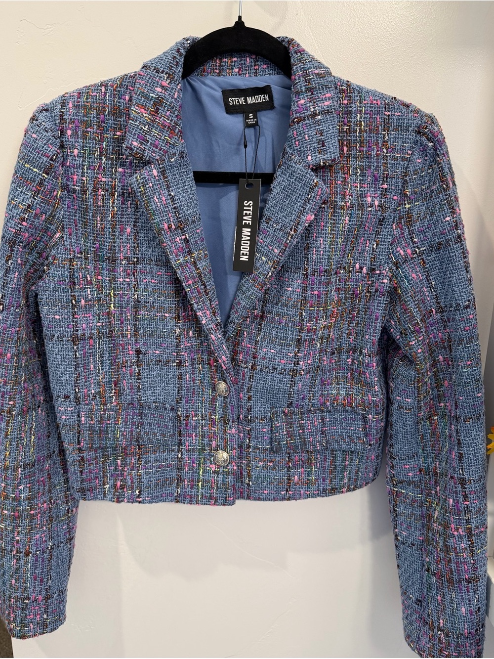 Steve Madden Light Blue Tweed Cropped Blazer with Multicolor Accents